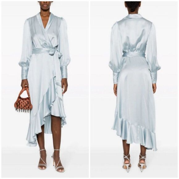 💕ZIMMERMANN💕 Silk Wrap Midi Dress ~ Ice Blue US 6 NWT - Picture 1 of 16